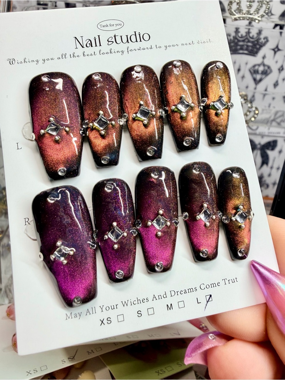 Ombre Cat-Eye Press-On Nails in Purple-Bronze with Rhinestones